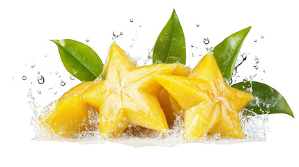 Fresh Starfruit with Water Splash and Green Leaves
