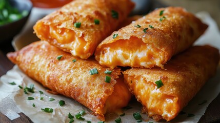 Crispy fried egg rolls filled with melted cheese and chives
