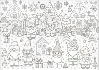 Obraz premium Whimsical Christmas Village with Elves for Coloring Books and Craft Projects