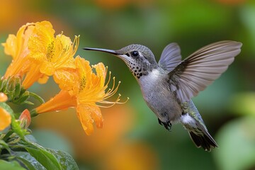 Fototapeta premium Hummingbird hovering near orange flower feeding on nectar with blurred background
