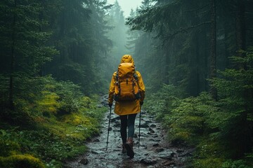 Hiker wearing yellow backpack walking on trail in forest
