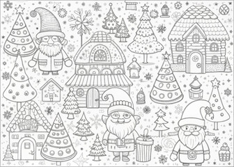 Whimsical Christmas Village with Elves for Coloring Books and Craft Projects