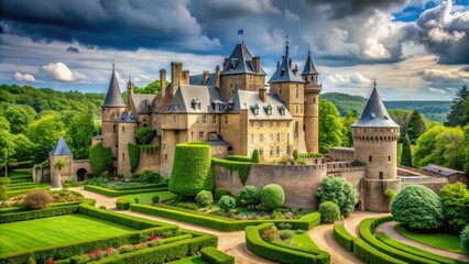 Castle surrounded by lush greenery, with turrets and walls creating a majestic scene, castle, fortress, medieval, architecture