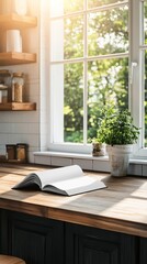 Fototapeta premium Open book on a wooden countertop in front of a window.
