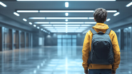 young boy enters a brightly lit classroom, his back facing the camera. The colorful surroundings evoke curiosity, new beginnings, and the promise of learning, symbolizing growth, hope, and potential