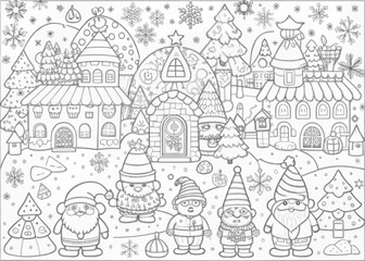 Obraz premium Whimsical Christmas Village with Elves for Coloring Books and Craft Projects