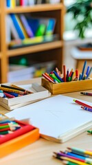 A blank sheet of paper and colored pencils on a wooden desk with a bookshelf in the background.