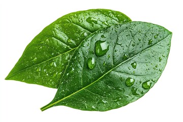 Two green leaves with water drops on them.