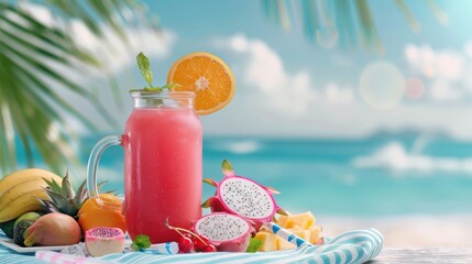 Beach scene with dragon fruit juice, tropical fruits, and a striped towel, perfect for a refreshing and exotic seaside experience.