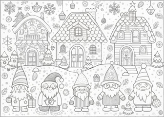 Obraz premium Whimsical Christmas Village with Elves for Coloring Books and Craft Projects