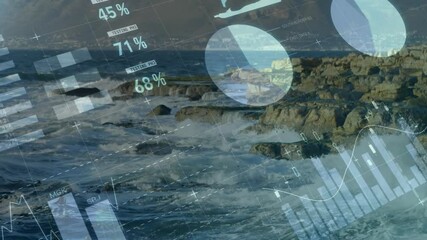 Financial data and analytics animation over ocean waves and rocky coastline - Powered by Adobe