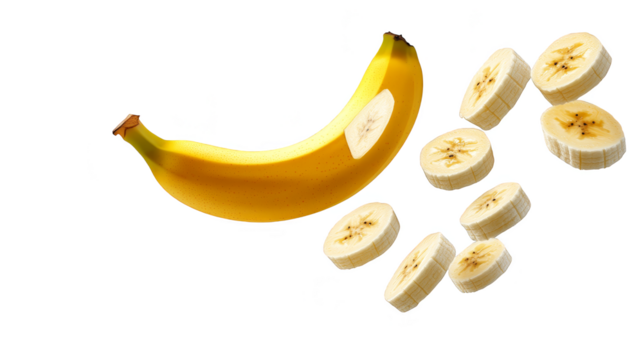 Fresh yellow banana slices falling transparent background