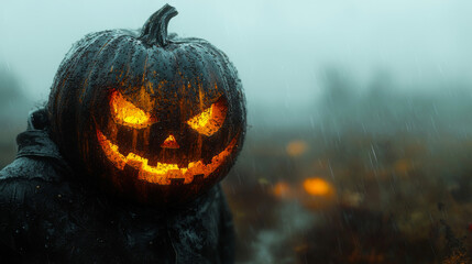 A carved pumpkin with a menacing grin sits in the rain.