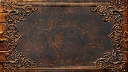 Vintage ornate leather book cover with intricate floral designs and embossed patterns in rich brown tones.