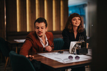 Two young professionals having a casual discussion in a stylish cafe. The atmosphere is relaxed and collaborative, perfect for creative brainstorming sessions.