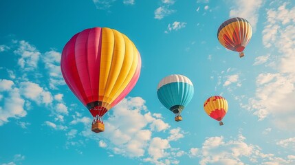 Obraz premium Colorful Hot Air Balloons Flying Through Blue Sky with White Clouds