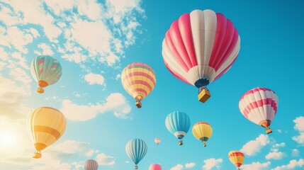 Colorful Hot Air Balloons Soaring Through a Blue Sky with White Clouds