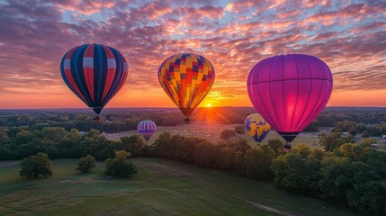 Naklejka premium Hot Air Balloons Soaring at Sunset Over Green Field