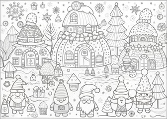 Whimsical Christmas Village with Elves for Coloring Books and Craft Projects