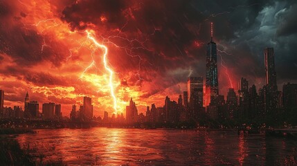 Dramatic Lightning Storm Over Cityscape with Skyscrapers