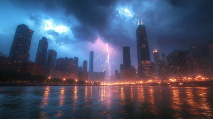 Obraz premium Dramatic Lightning Strike Over City Skyline at Night