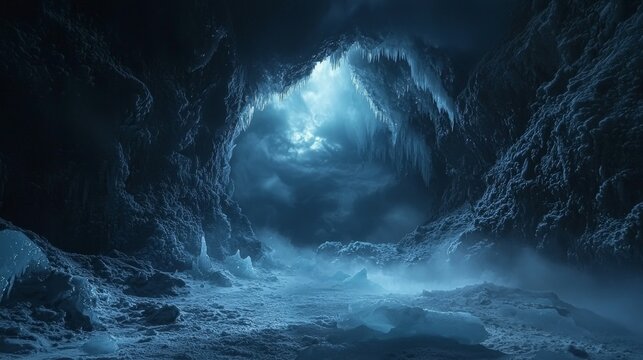 Mystical Ice Cave with Blue Light and Icicles