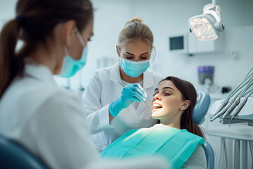 Obraz premium A female dentist examines a patient's teeth while another dentist assists.