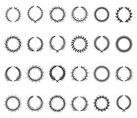 Set of laurel wreaths and branches with leaves. Laurel wreaths and branches collection. Laurels wreaths, Greek olive branch award, winner round emblem.