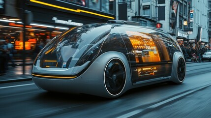 Futuristic Self Driving Car in City at Night