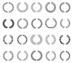 Set of wreaths and branches with leaves. collection of laurel wreaths and branches . Laurels wreaths, swirls, twigs and flower ornaments. 