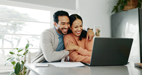 Happy couple, paperwork and hug with laptop for budget, paying bills or estate planning. Married...