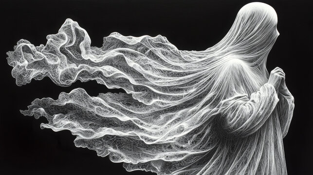 A ghostly figure with flowing white fabric against a black background.