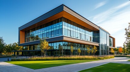Modern Office Building With Glass Facade and Green Lawn