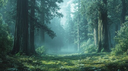 Obraz premium Mystic Forest Path with Sunlight Through Trees