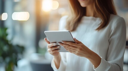 casual business manager using a tablet device for online communication with clients and coworkers, displaying a smart and attractive look in a modern office environment