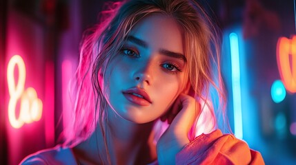 Naklejka premium stylish and attractive young woman confidently standing in a portrait under neon light, emphasizing her smart and modern appearance with a vibrant glow