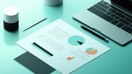 Business Report and Laptop on a Green Desk