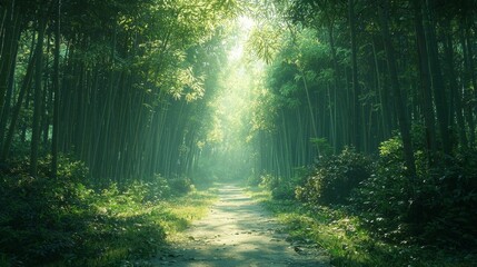 Fototapeta premium Sunlit Path Through Lush Green Bamboo Forest