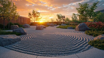 Zen Garden Sunset Landscape with Stone Path and Pebble Design