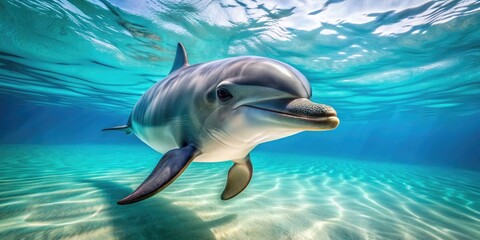 Adorable dolphin swimming playfully in the ocean , cute, aquatic, mammal, marine life, underwater, playful, adorable, flipper