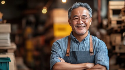 Fototapeta premium successful asian business owner in smart casual attire, smiling joyfully in a portrait shot, standing in a store or warehouse space