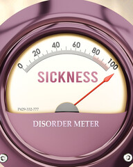 Sickness and Disorder Meter that is hitting a full scale, showing a very high level of sickness, overload of it, too much of it. Maximum value, off the charts.  ,3d illustration