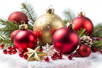 Beautiful christmas decoration with red and gold balls on snowy background