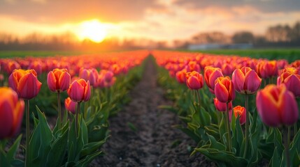 Sunset Tulip Field  Blooming Spring Flowers in Golden Hour Light