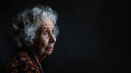 Upset woman on black background.