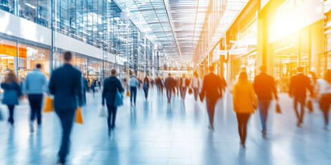 Busy shopping mall bustling with shoppers during the day showcases modern architecture and vibrant retail atmosphere, sales concept