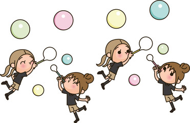 シャボン玉を飛ばすアミューズメントスタッフ女性