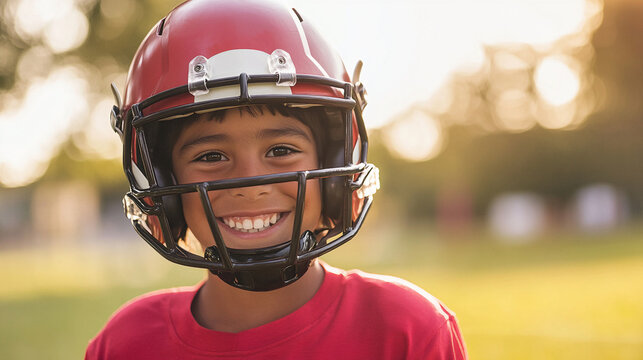 Hispanic Youth Football Player Outdoors Wearing A Helmet