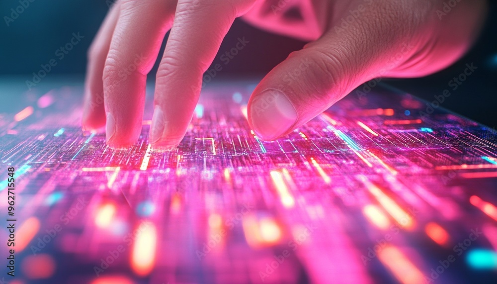 Leinwandbilder Close-up of Hands Interacting with a Touchscreen Interface in a Futuristic Digital Environment