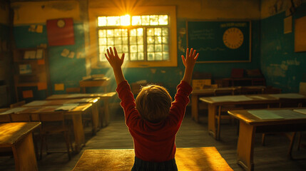 student raises their hand in a classroom, the focus on the hand while the background remains blurred. The image symbolizes curiosity, engagement, participation, and the pursuit of knowledge
